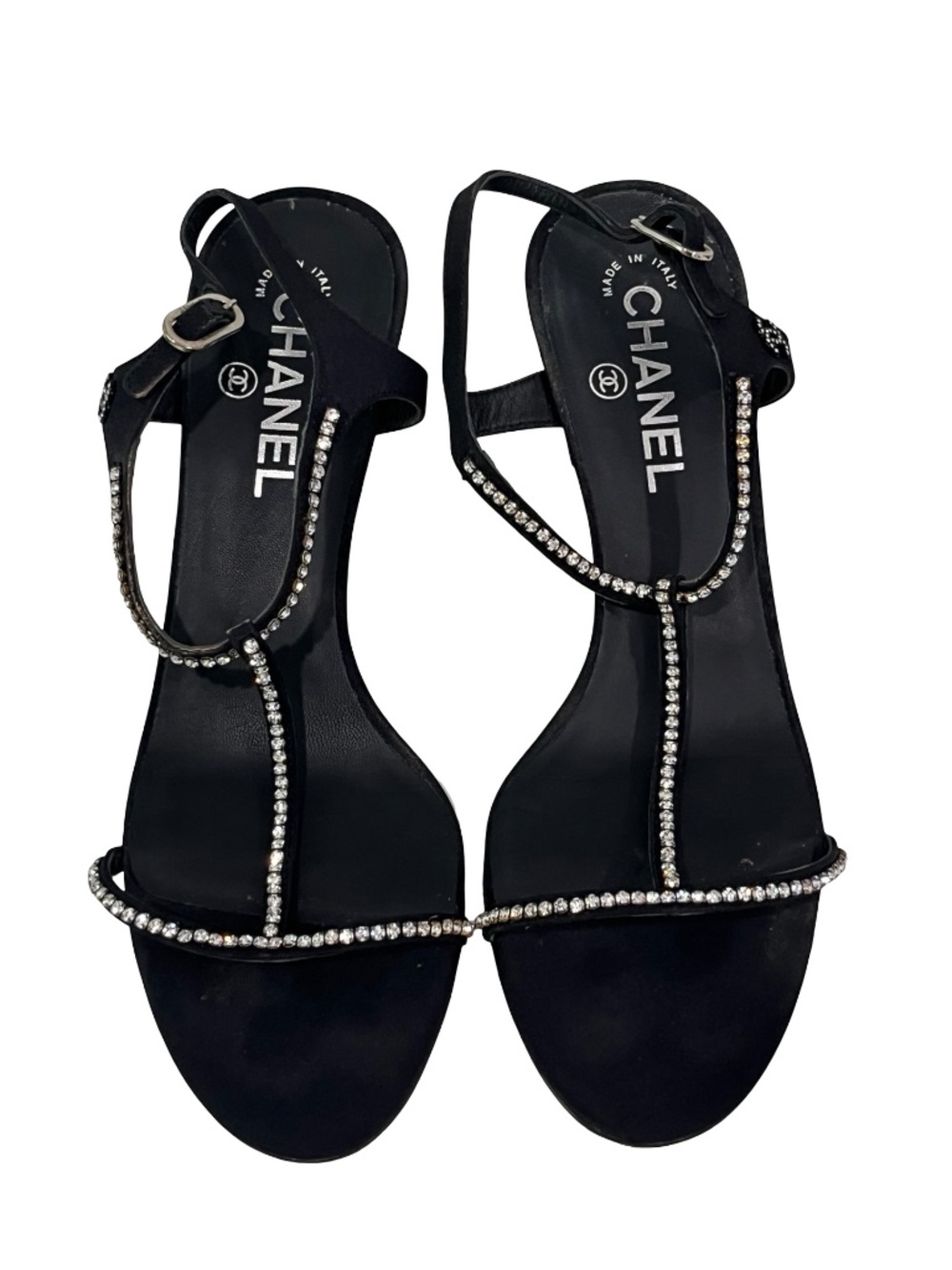 Chanel Interlocking CC Logo Black Satin T-Strap Crystal Embellished Heels EU 39 - Picture 3 of 11